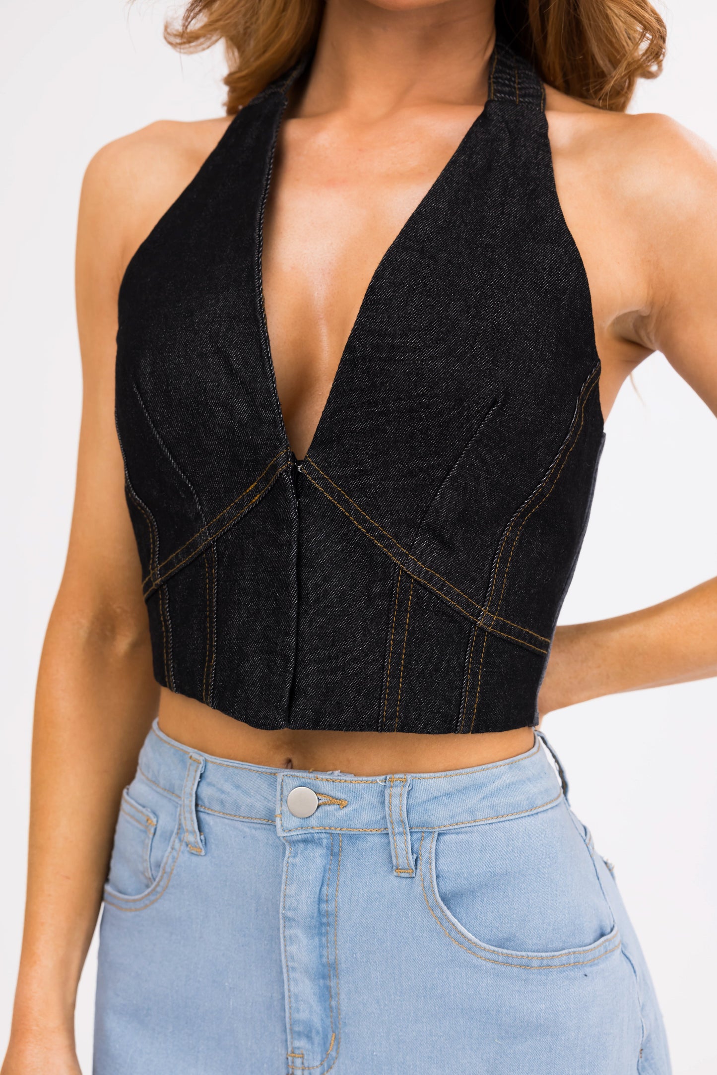 Black Denim Halter Neck Crop Top with Deep V