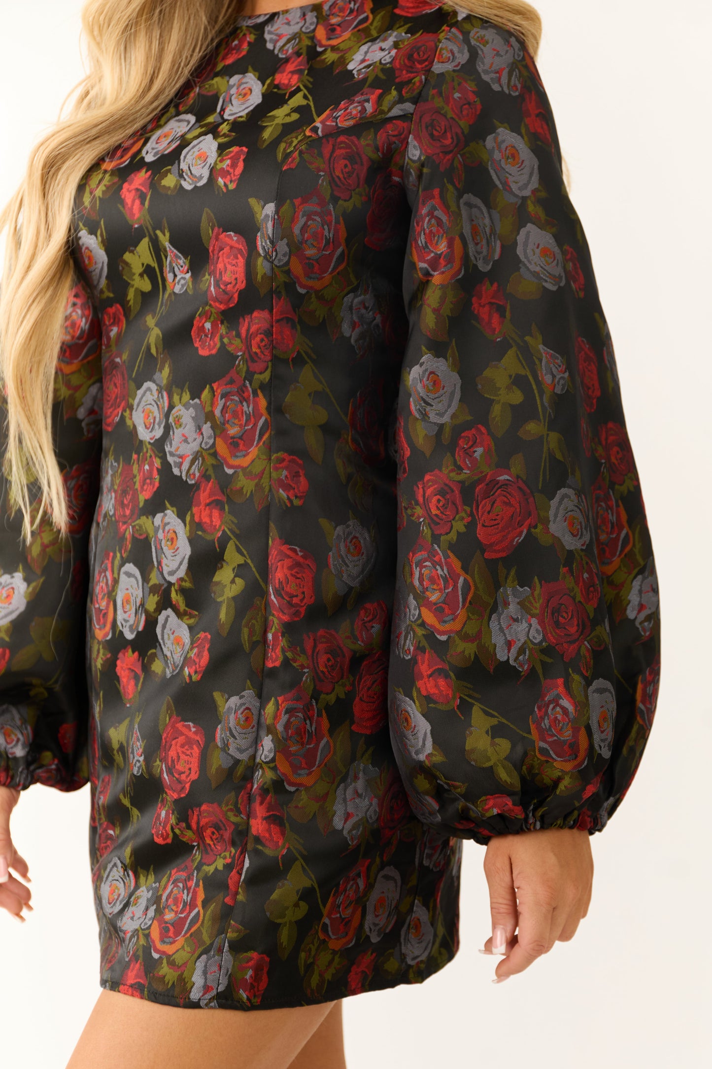 Black Floral Bubble Sleeve Mini Dress
