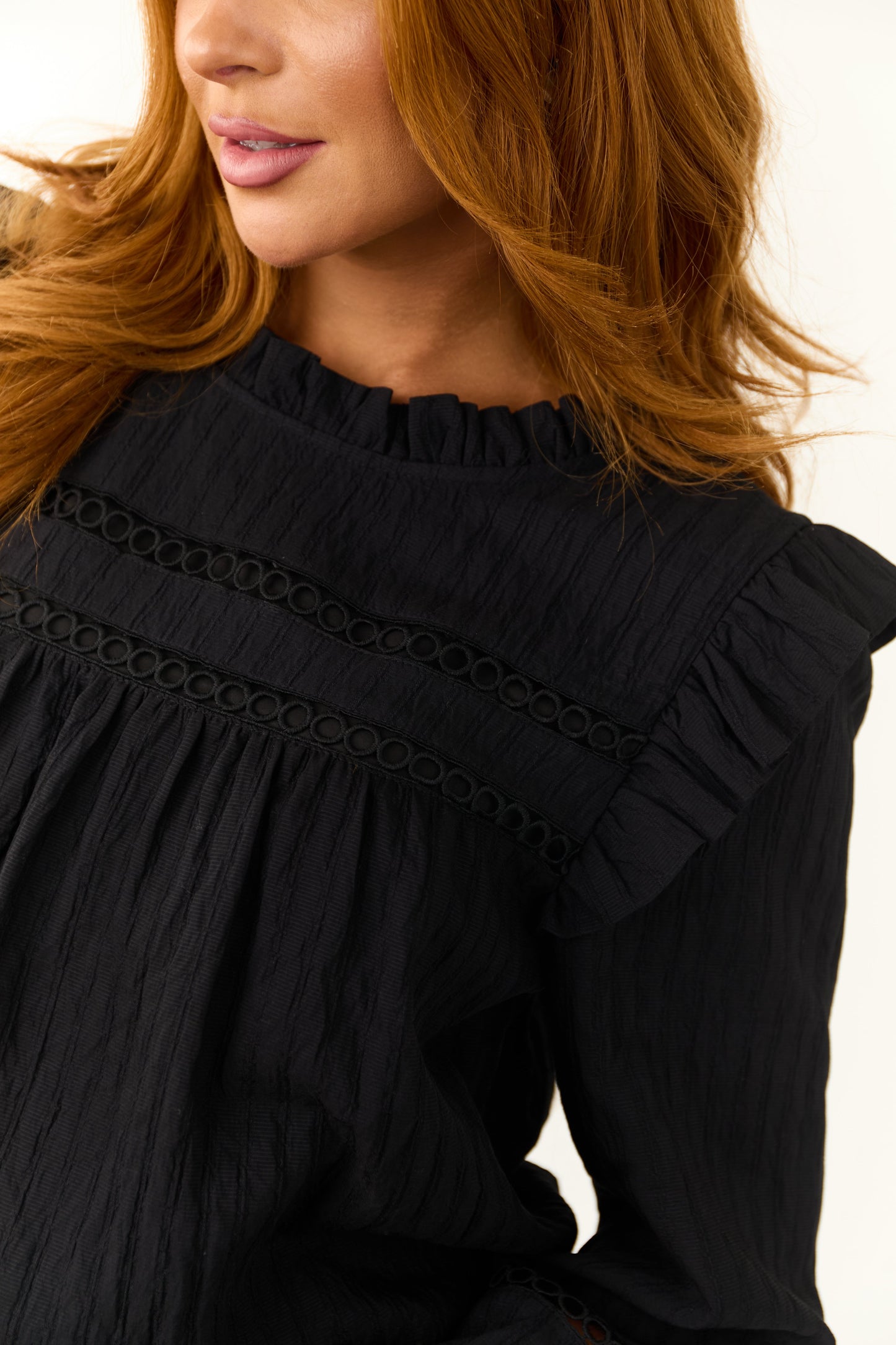 Black Long Sleeve Blouse with Frill Neck