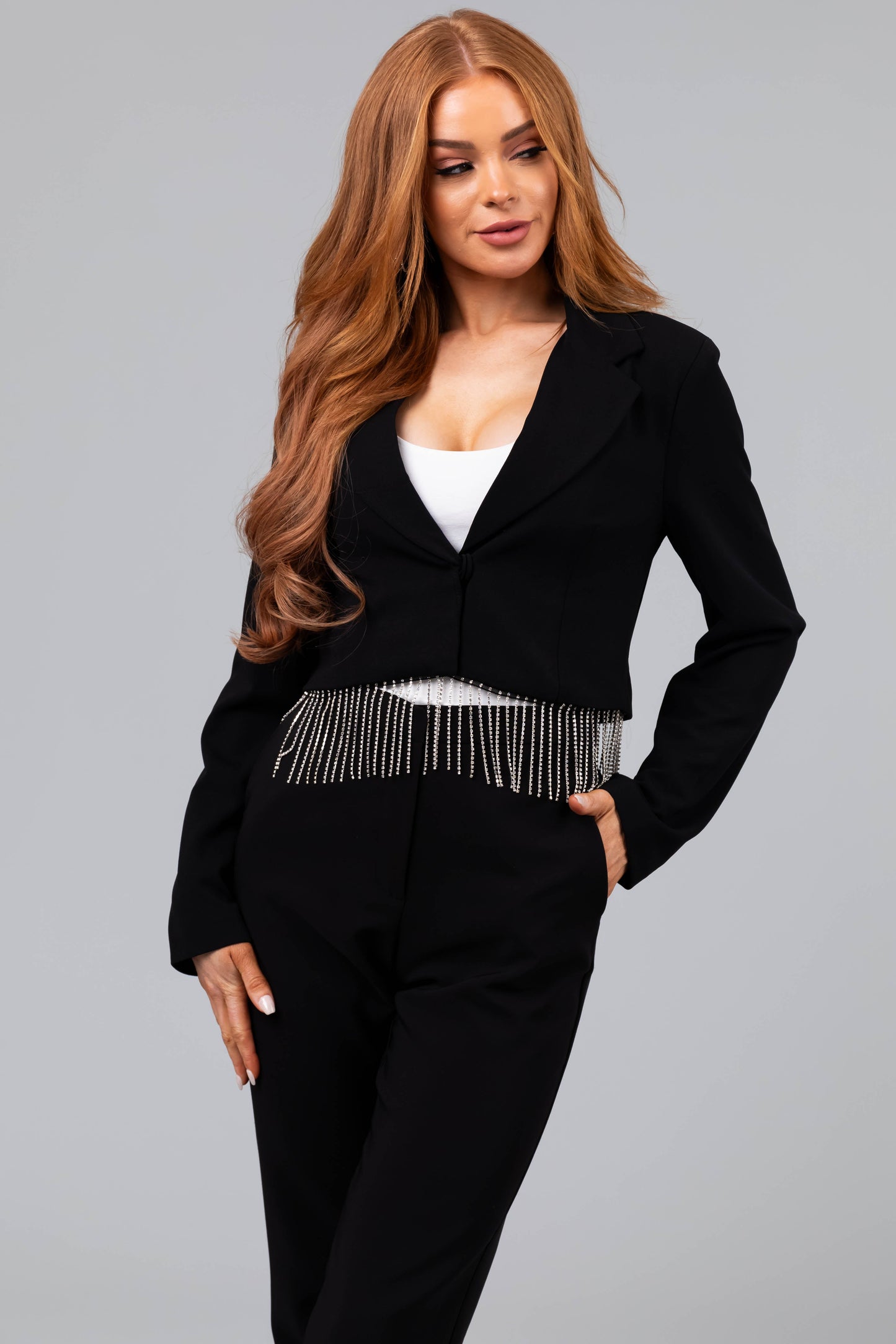 Black Rhinestone Fringe Blazer