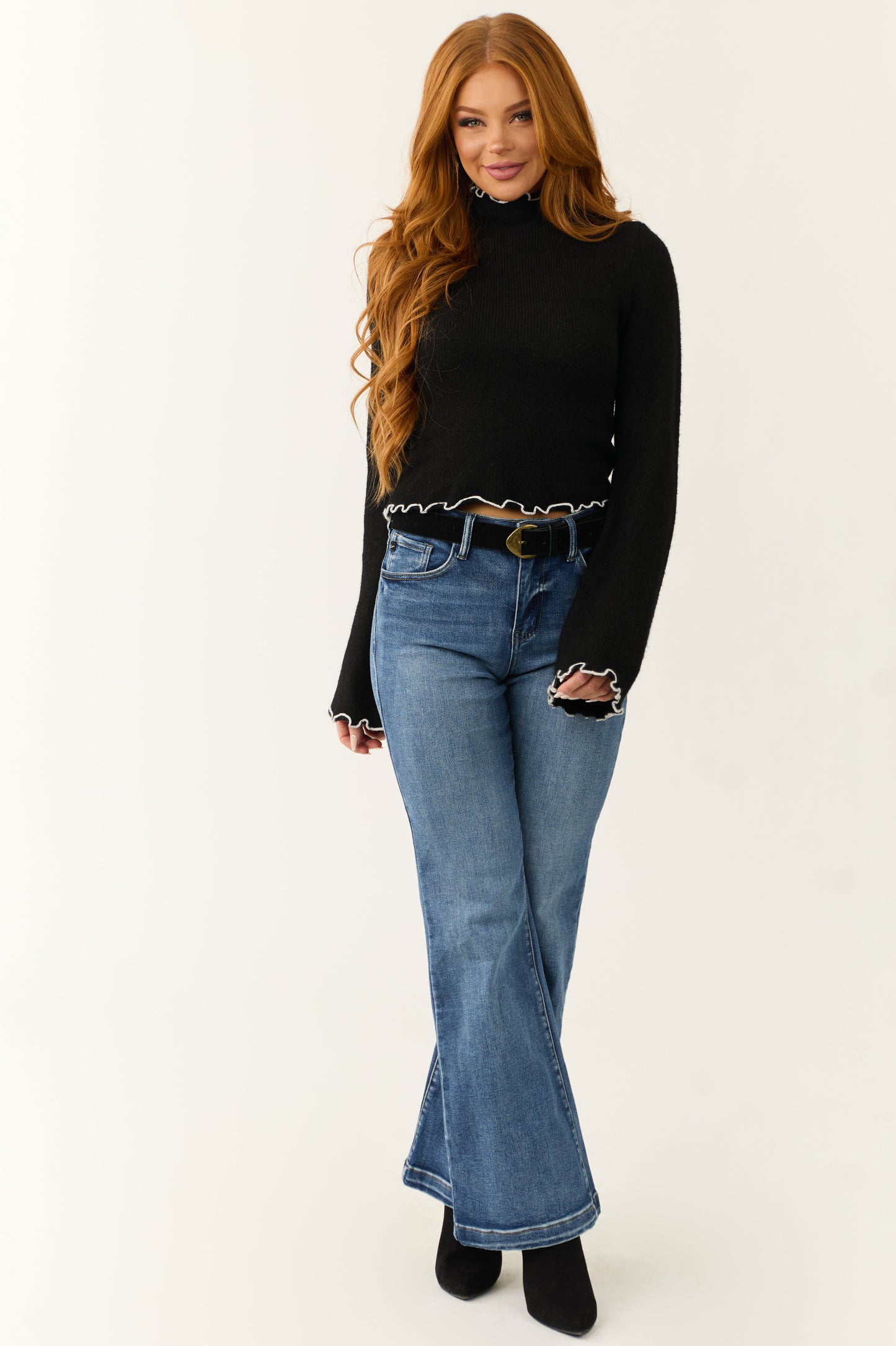 Black Contrast Bell Sleeve Sweater