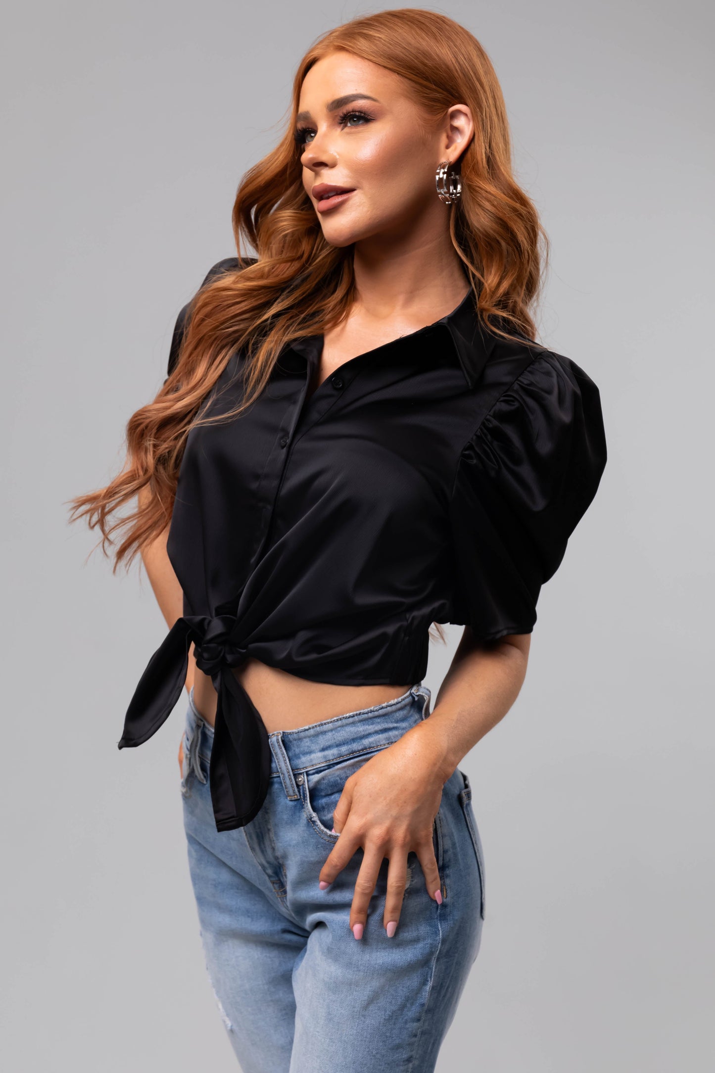 Black Waist Tie Collared Shirt