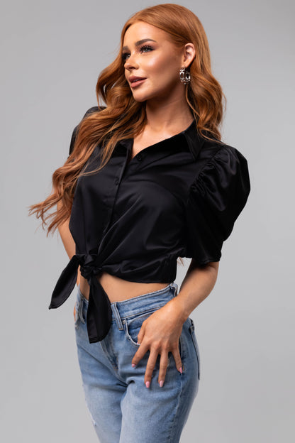 Black Waist Tie Collared Shirt