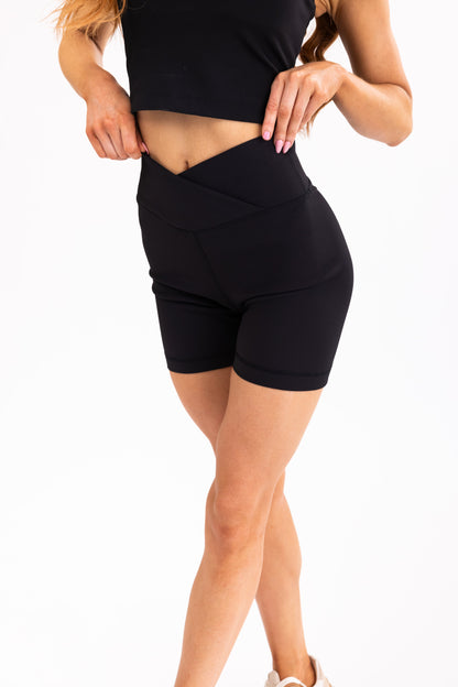 Black Crossover Waist Ribbed Biker Shorts