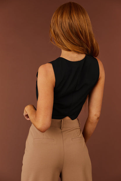 Black Deep V Button Front Cropped Vest
