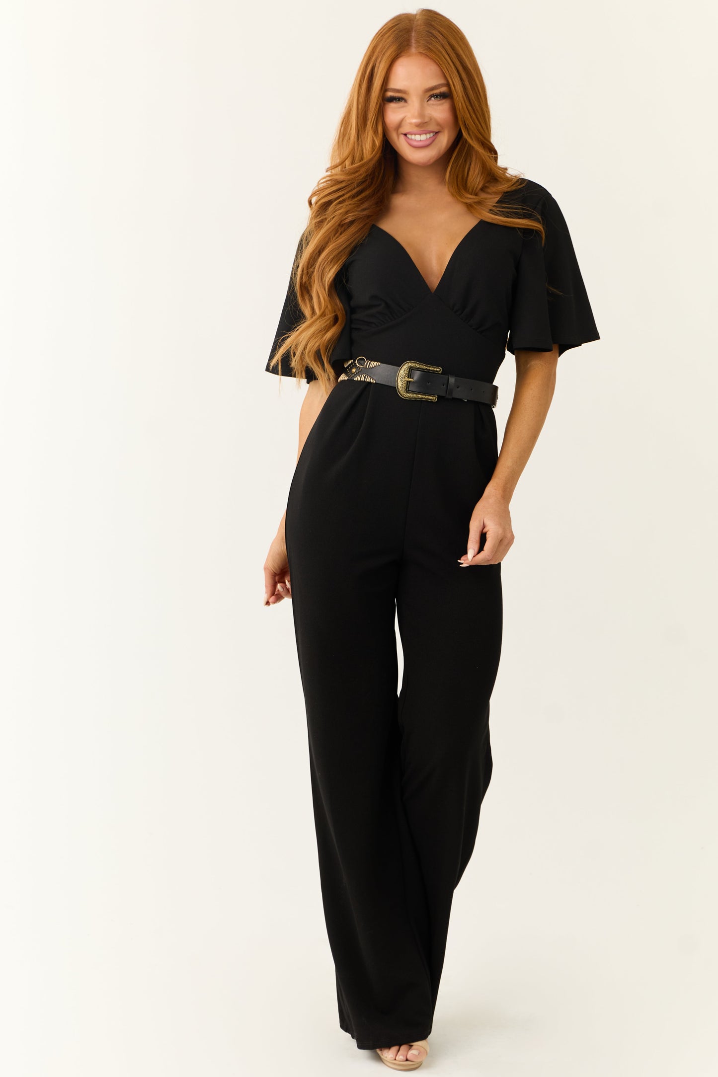 Black Short Sleeve Jumpsuit with Deep V Neck
