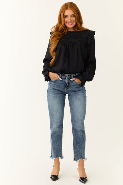 Black Long Sleeve Blouse with Frill Neck