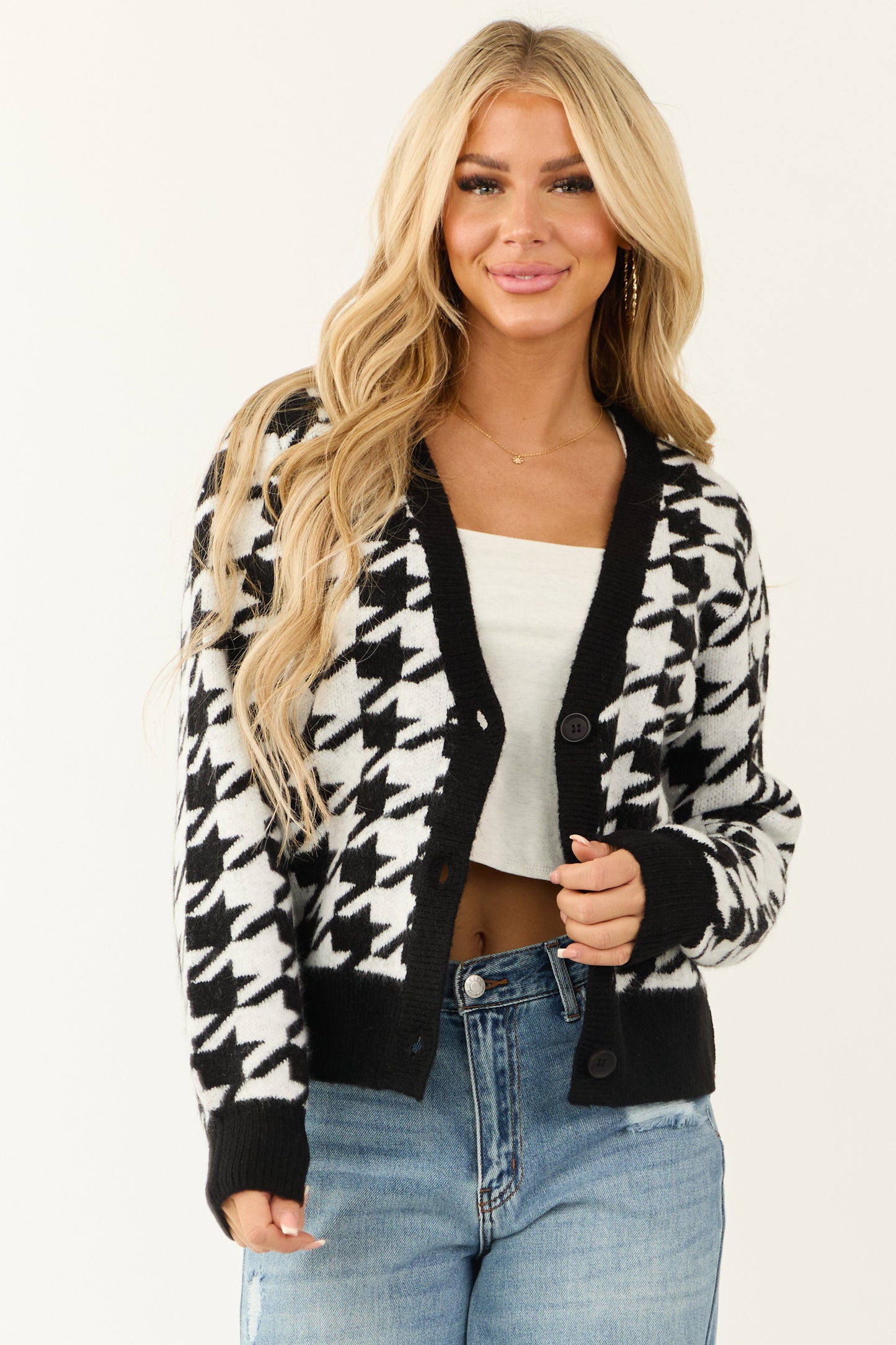 Black Houndstooth Cardigan with Button Front