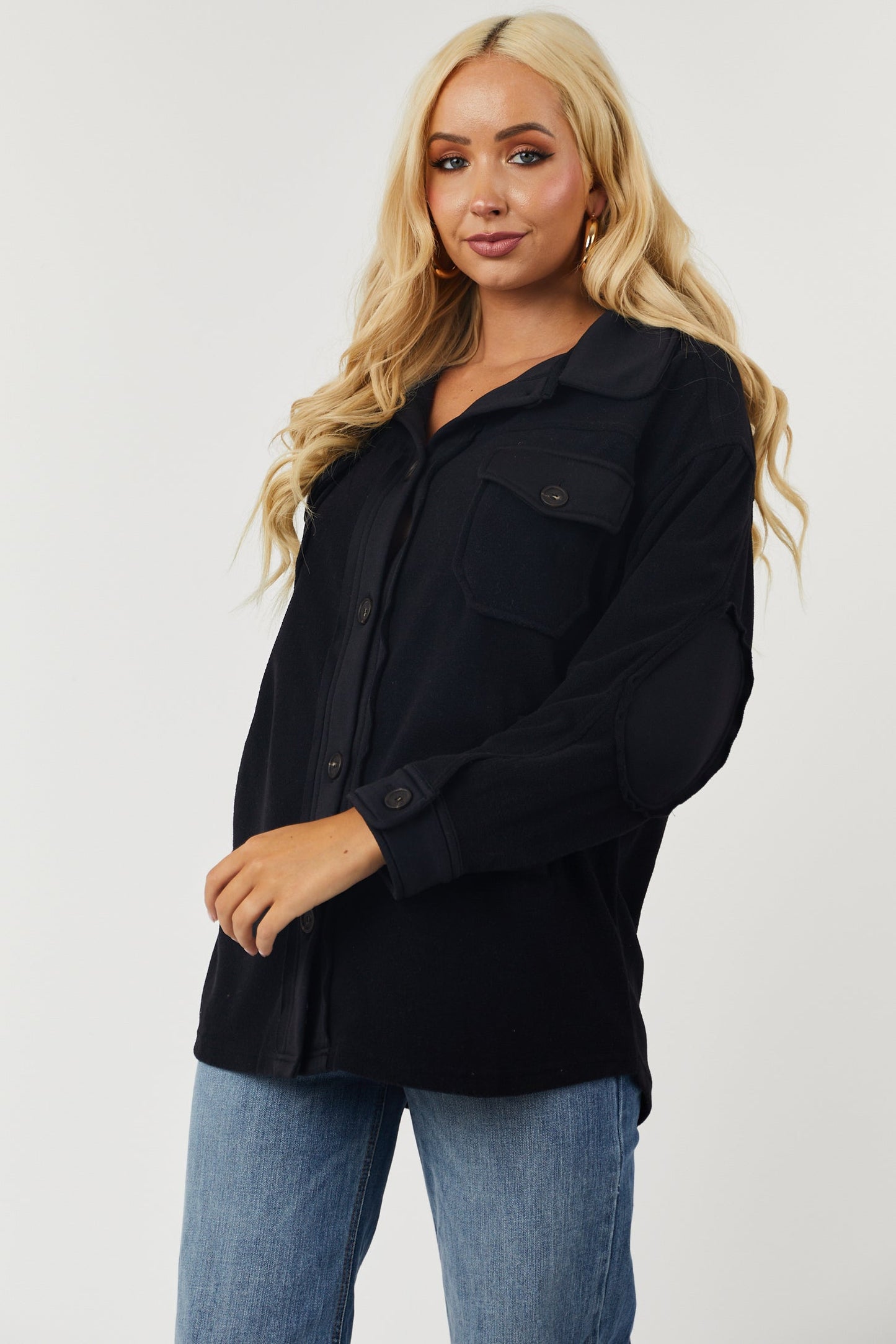Black Fleece Shacket with Elbow Patches