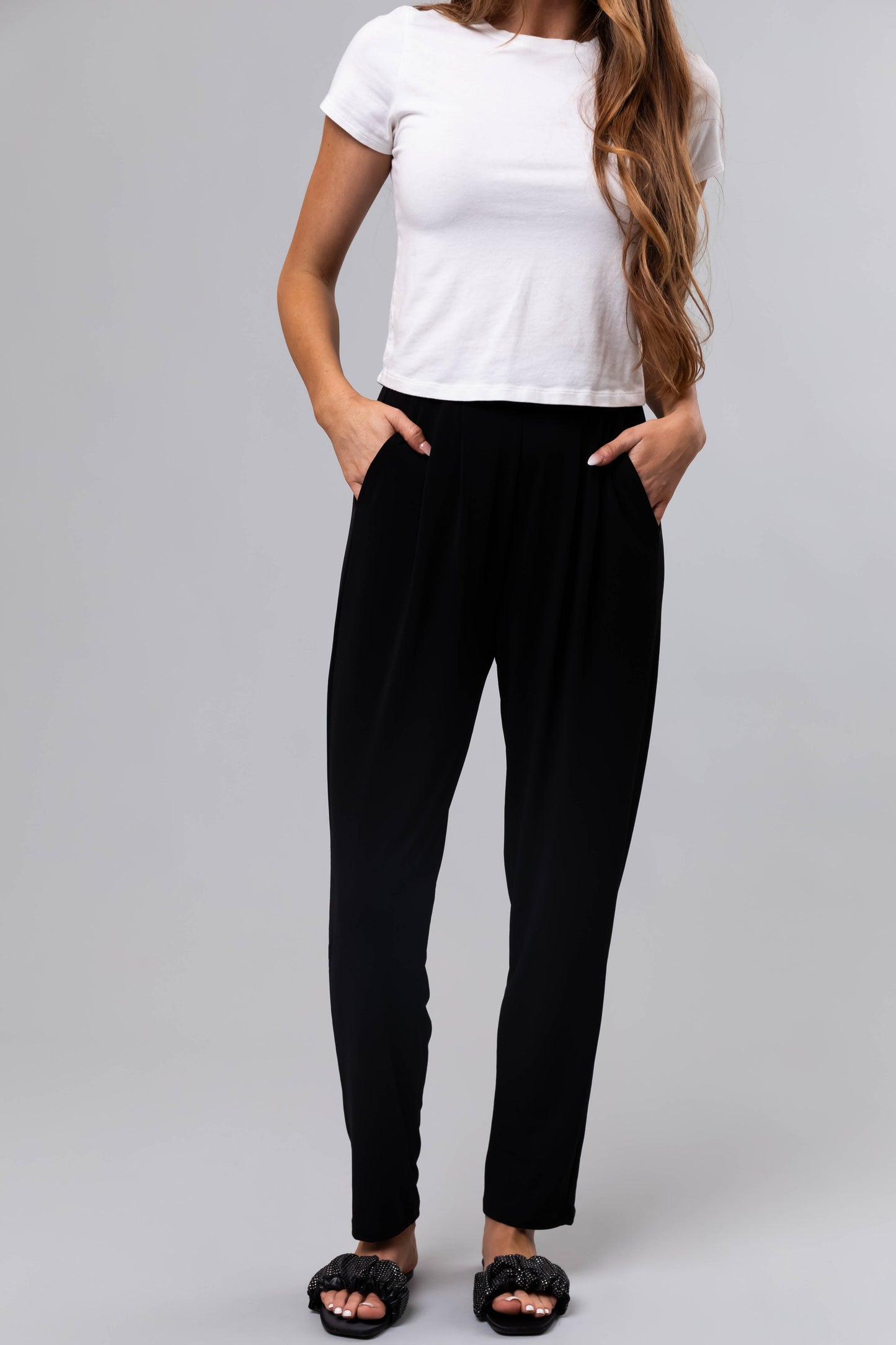 Black Pleated High Waist Straight Leg Pants