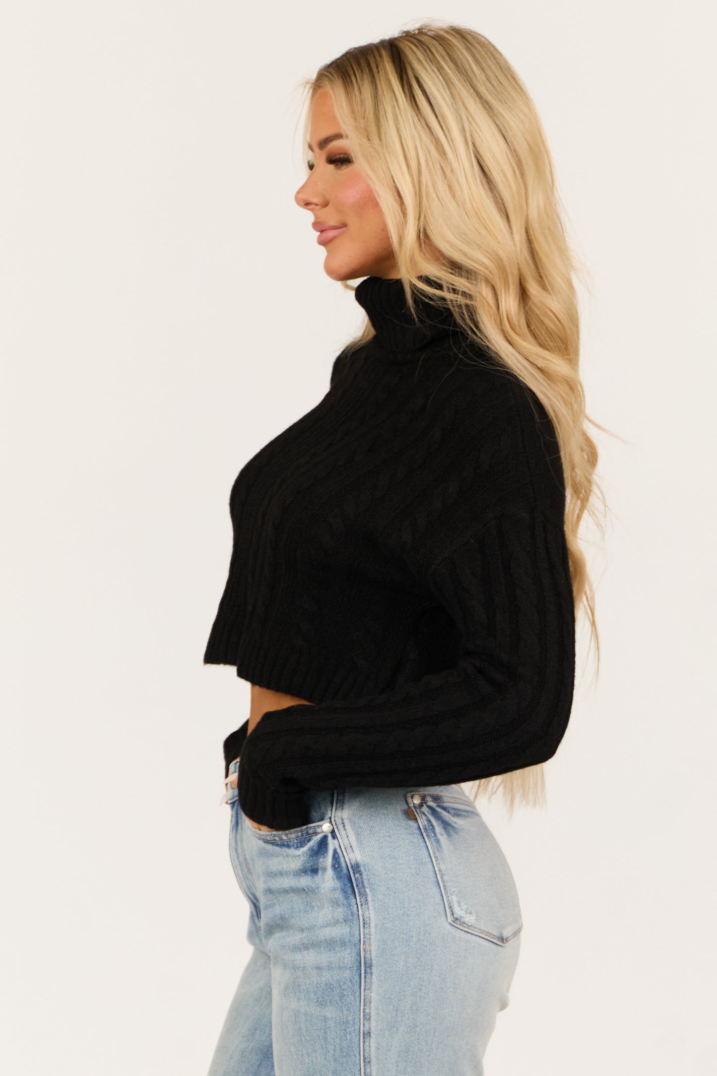 Black Cable Knit Turtleneck Cropped Sweater
