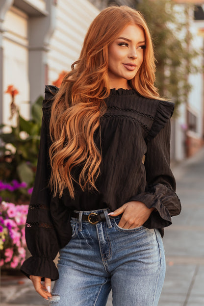 Black Long Sleeve Blouse with Frill Neck