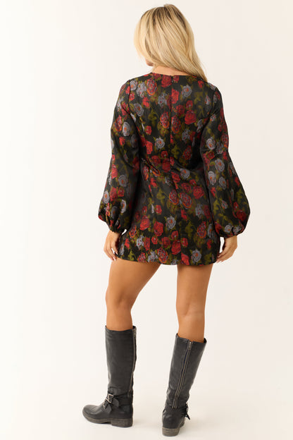Black Floral Bubble Sleeve Mini Dress