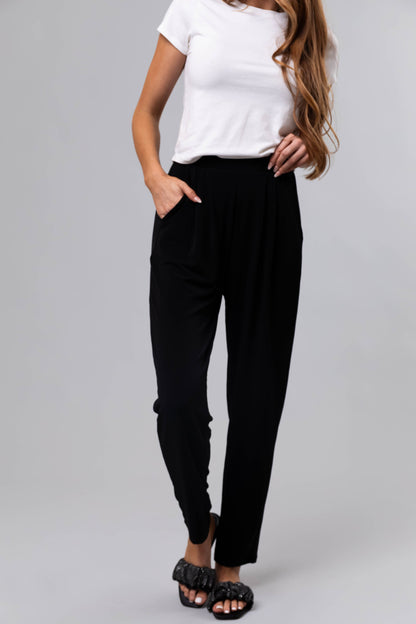 Black Pleated High Waist Straight Leg Pants