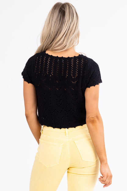 Black Short Sleeve Crochet Knit Cardigan