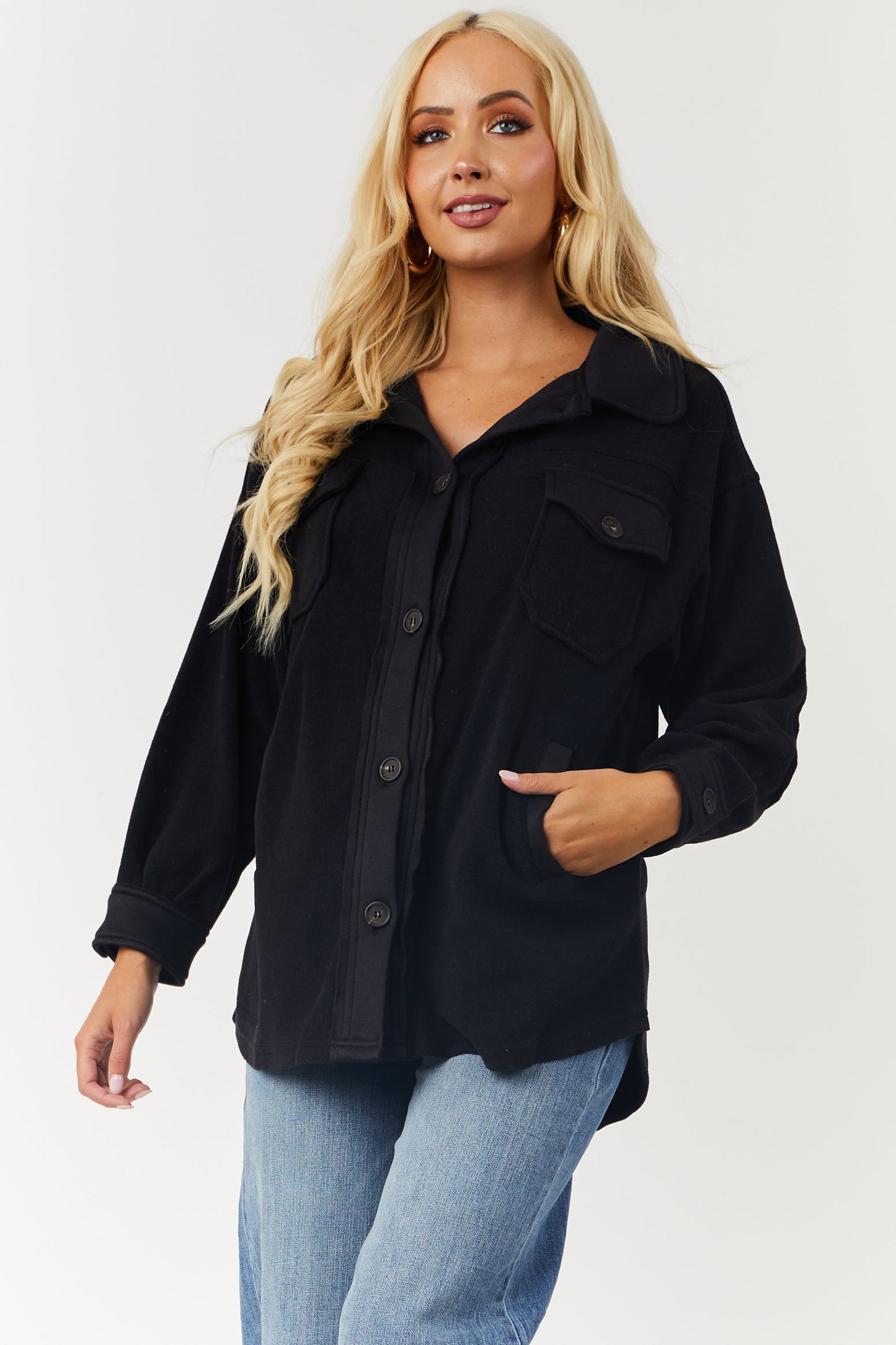 Black Fleece Shacket with Elbow Patches