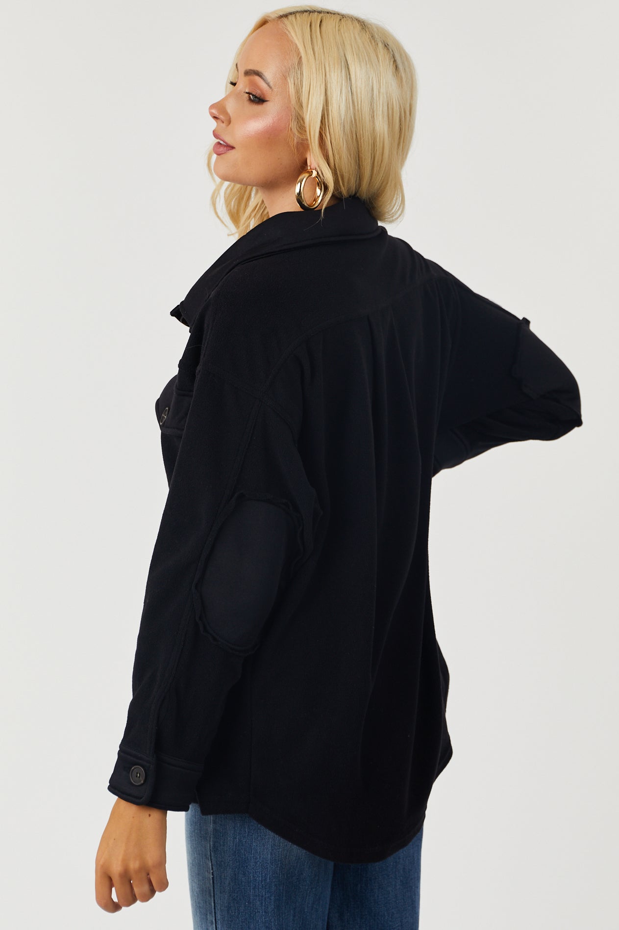 Black Fleece Shacket with Elbow Patches
