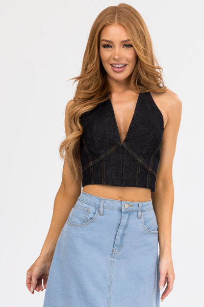 Black Denim Halter Neck Crop Top with Deep V