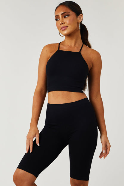 Black Halter Crop Top and Biker Shorts Set