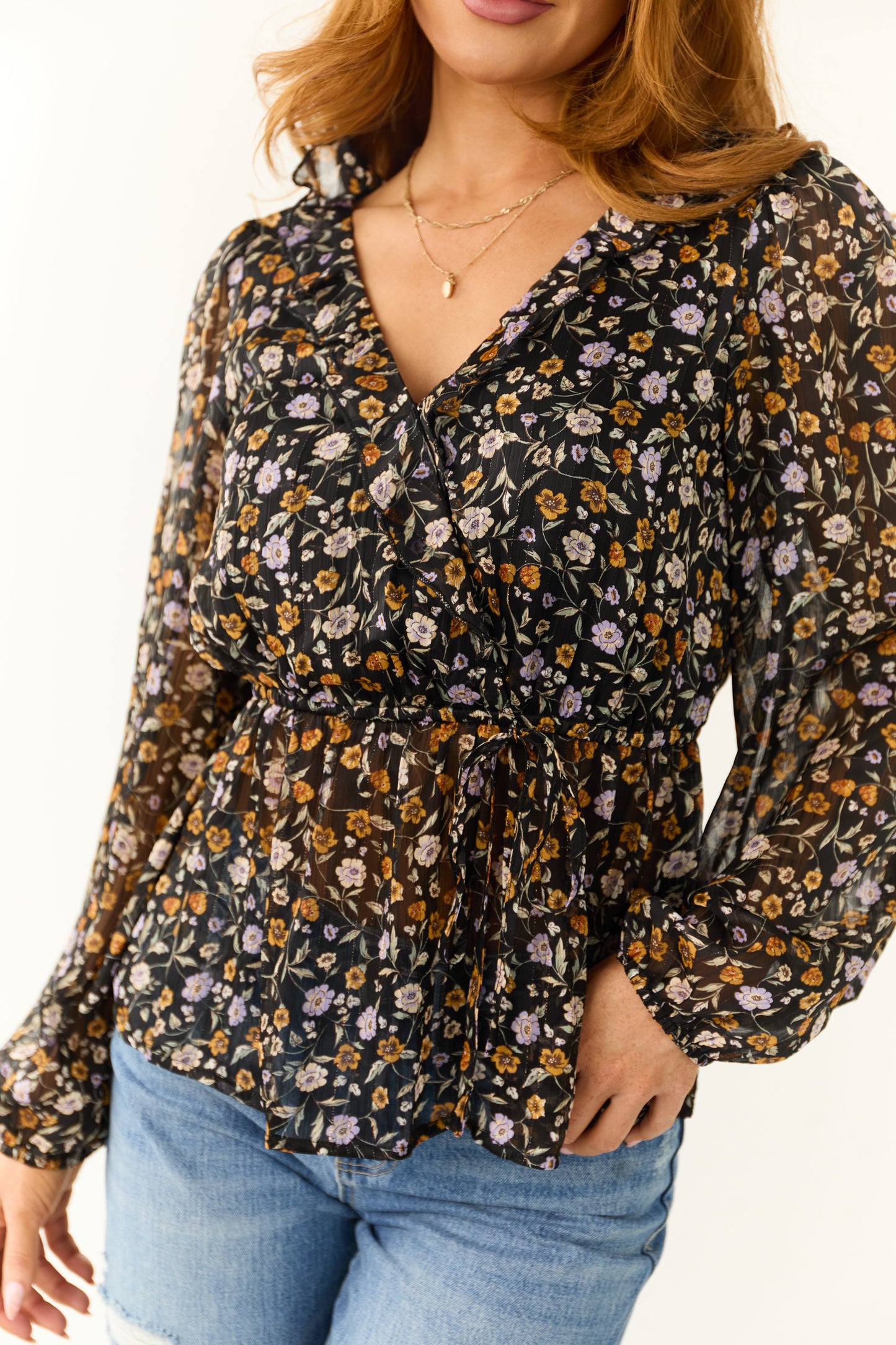 Black Floral Surplice Peplum Blouse