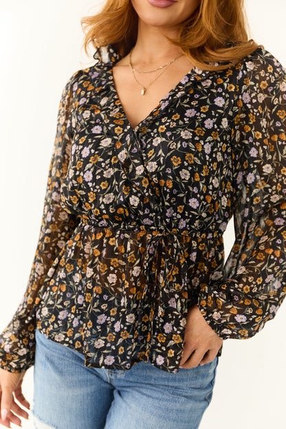 Black Floral Surplice Peplum Blouse