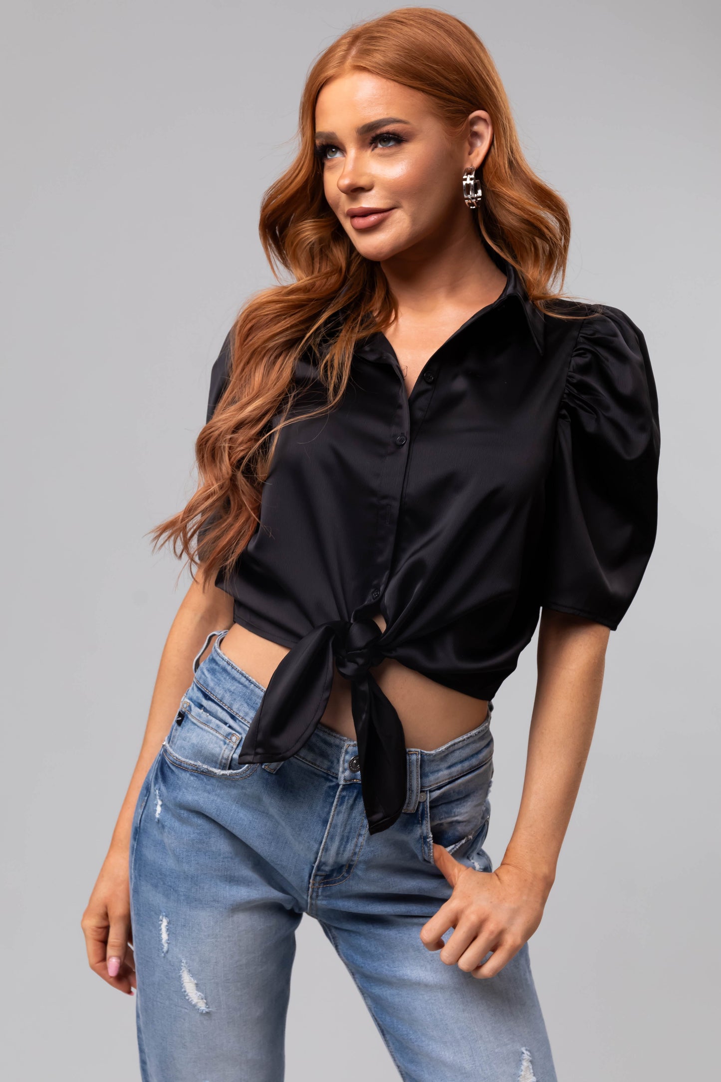 Black Waist Tie Collared Shirt