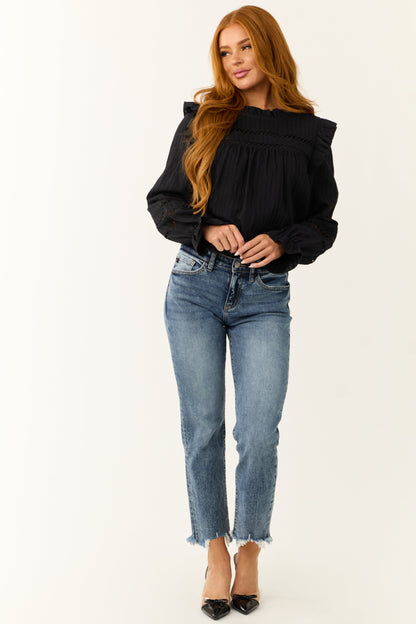 Black Long Sleeve Blouse with Frill Neck