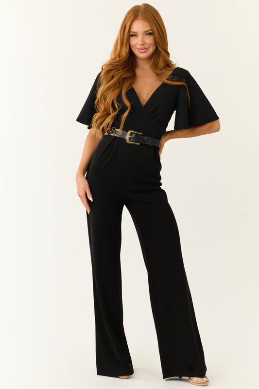 Black Short Sleeve Jumpsuit with Deep V Neck
