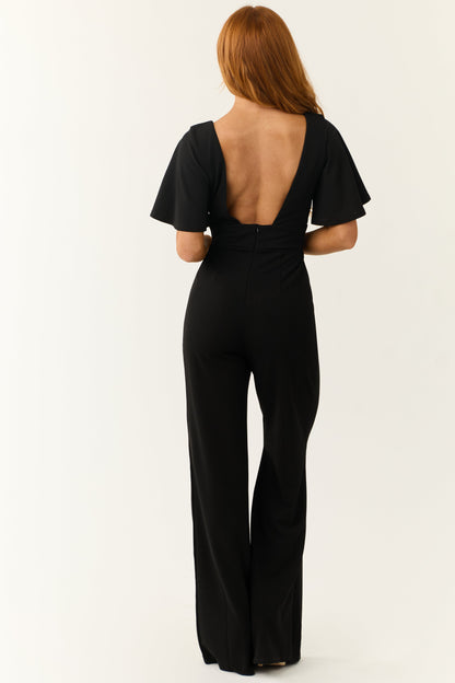 Black Short Sleeve Jumpsuit with Deep V Neck