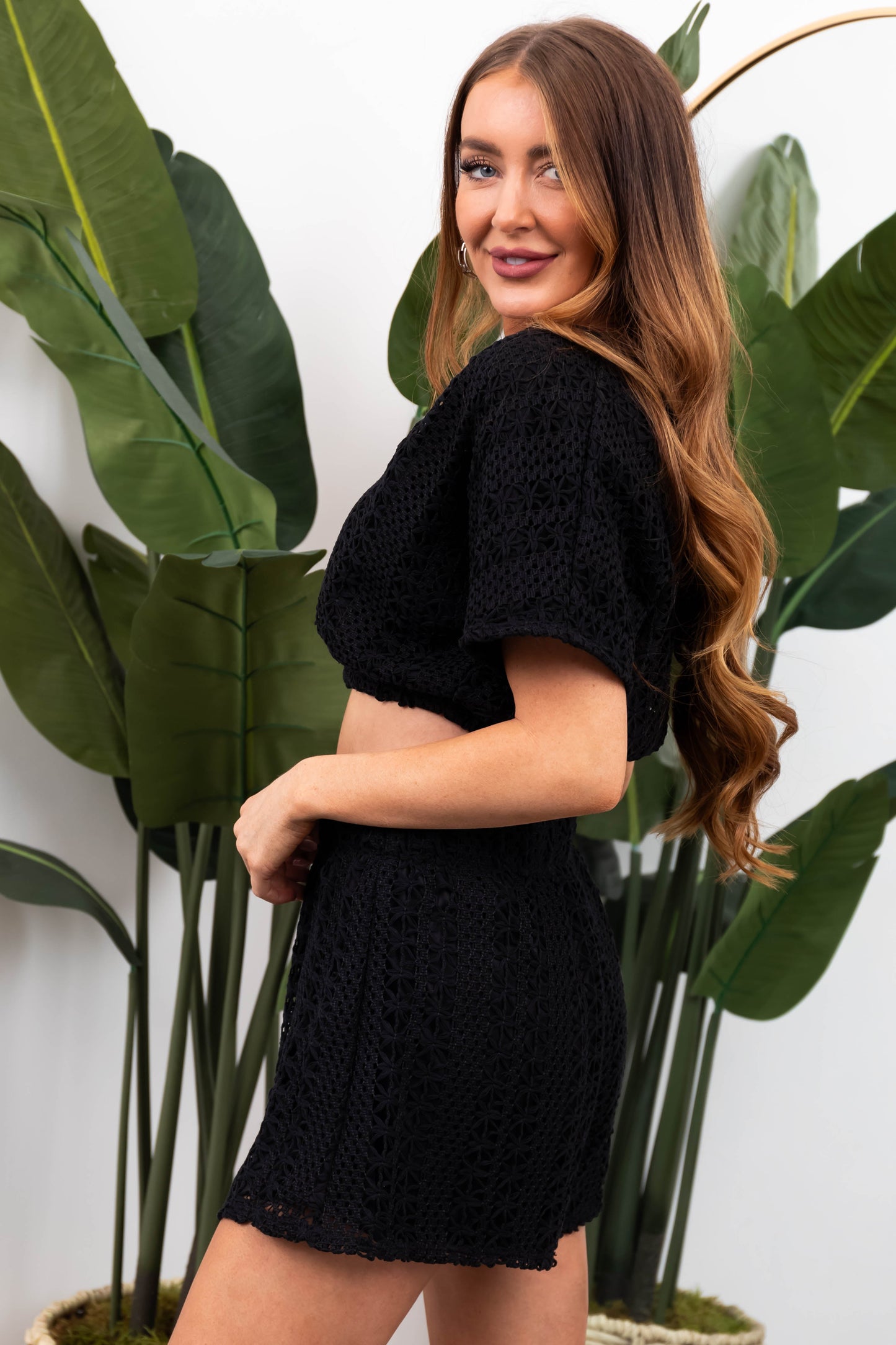 Black Crochet Two-Piece Shorts Set