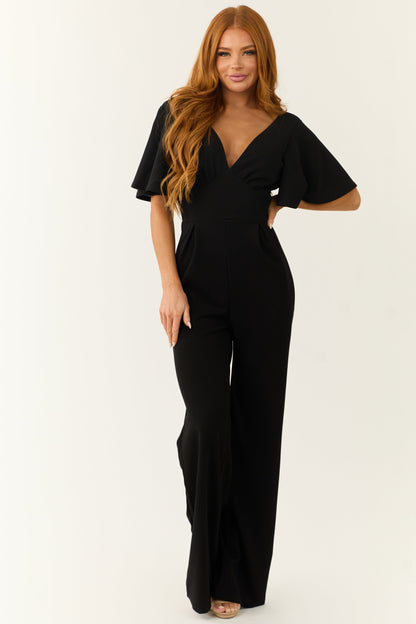 Black Short Sleeve Jumpsuit with Deep V Neck