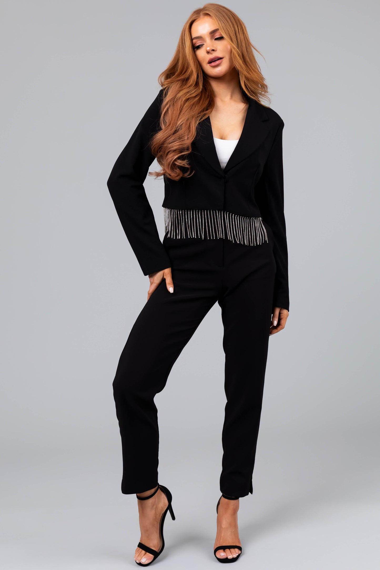 Black Rhinestone Fringe Blazer