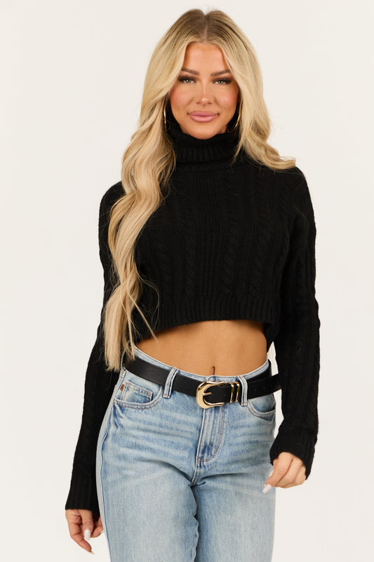 Black Cable Knit Turtleneck Cropped Sweater