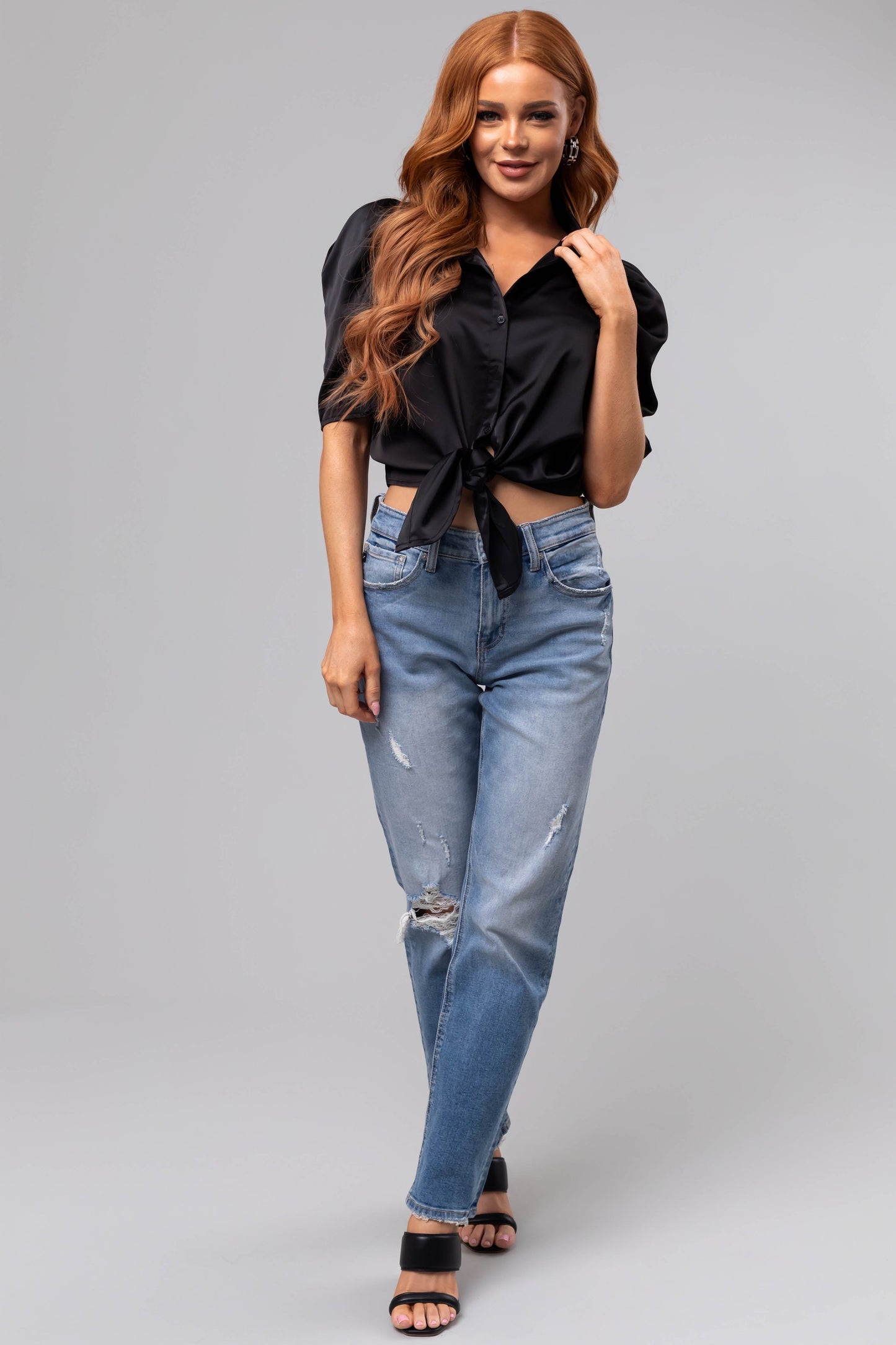 Black Waist Tie Collared Shirt