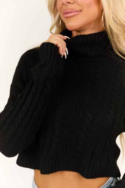 Black Cable Knit Turtleneck Cropped Sweater