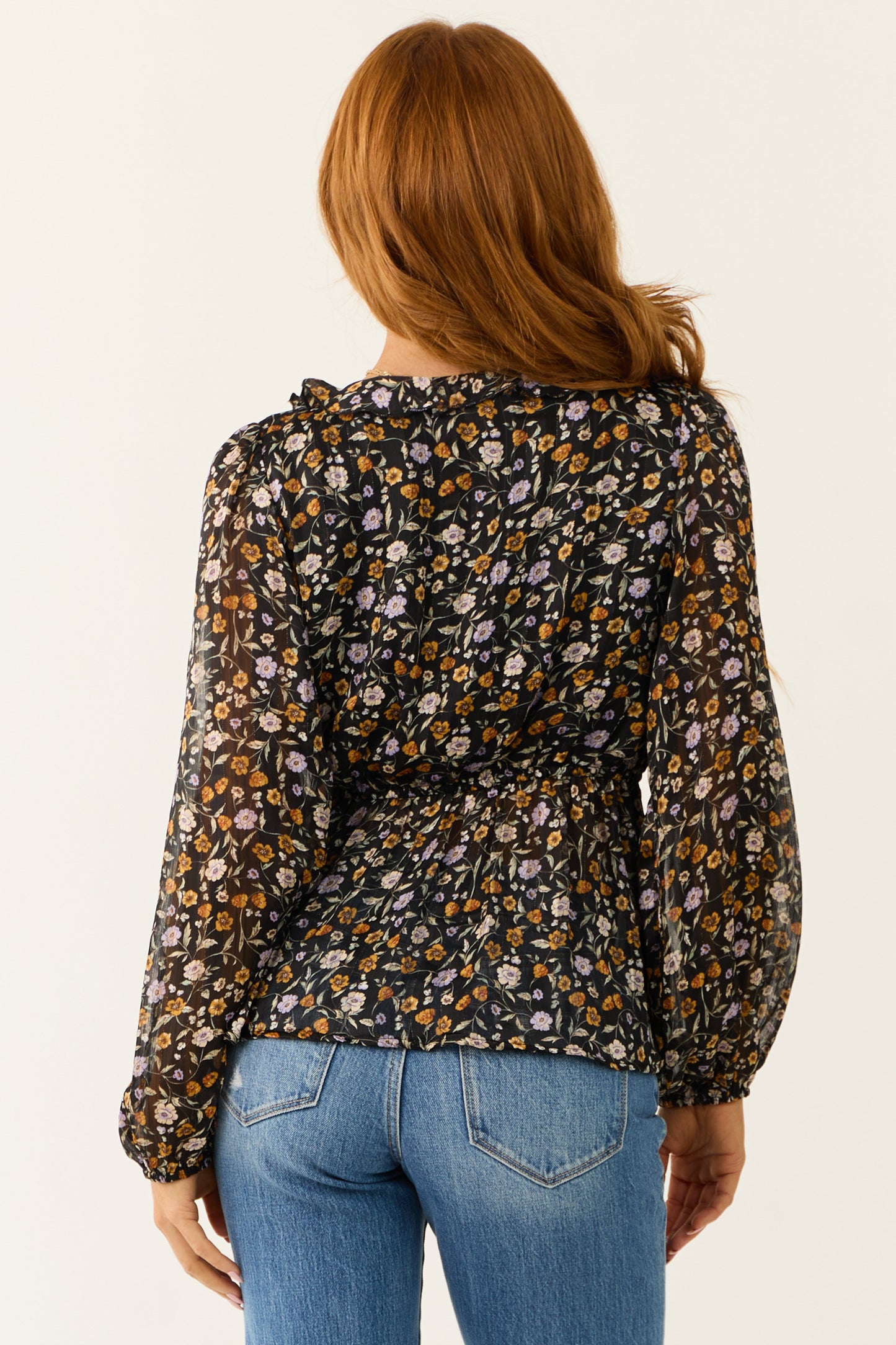Black Floral Surplice Peplum Blouse