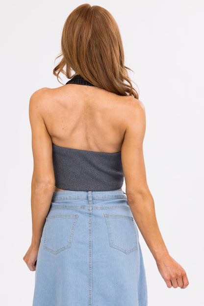 Black Denim Halter Neck Crop Top with Deep V