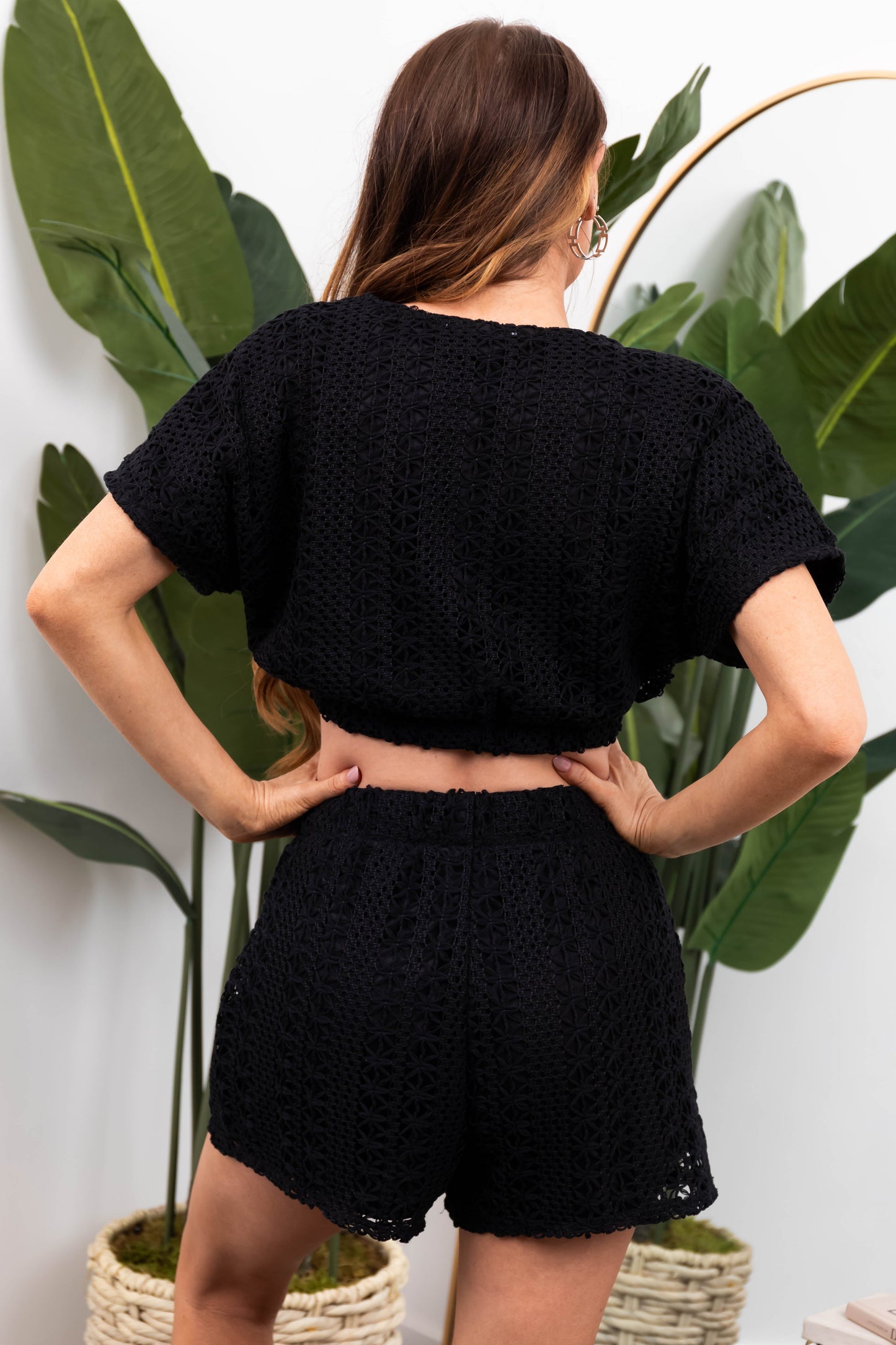 Black Crochet Two-Piece Shorts Set