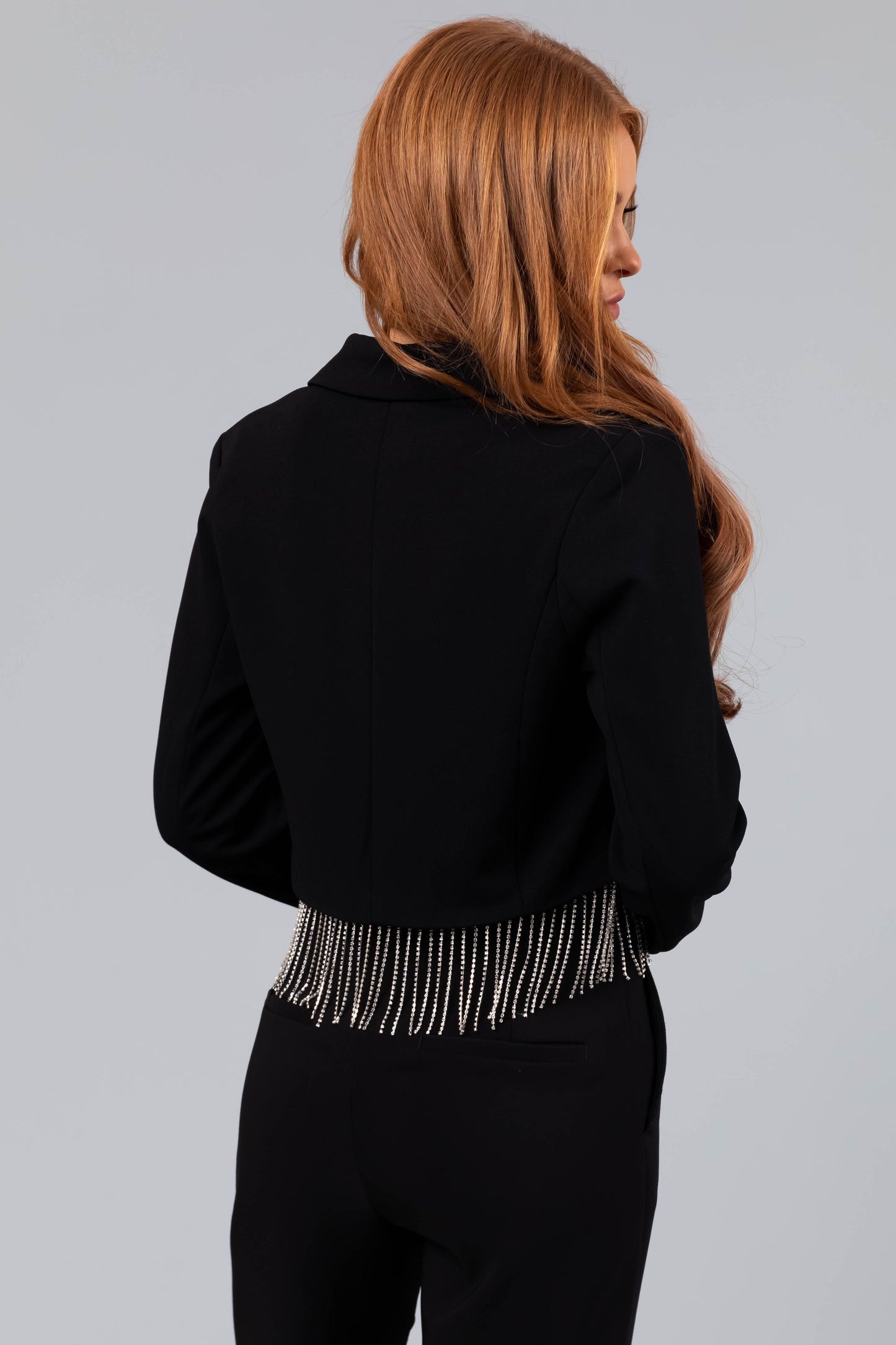 Black Rhinestone Fringe Blazer