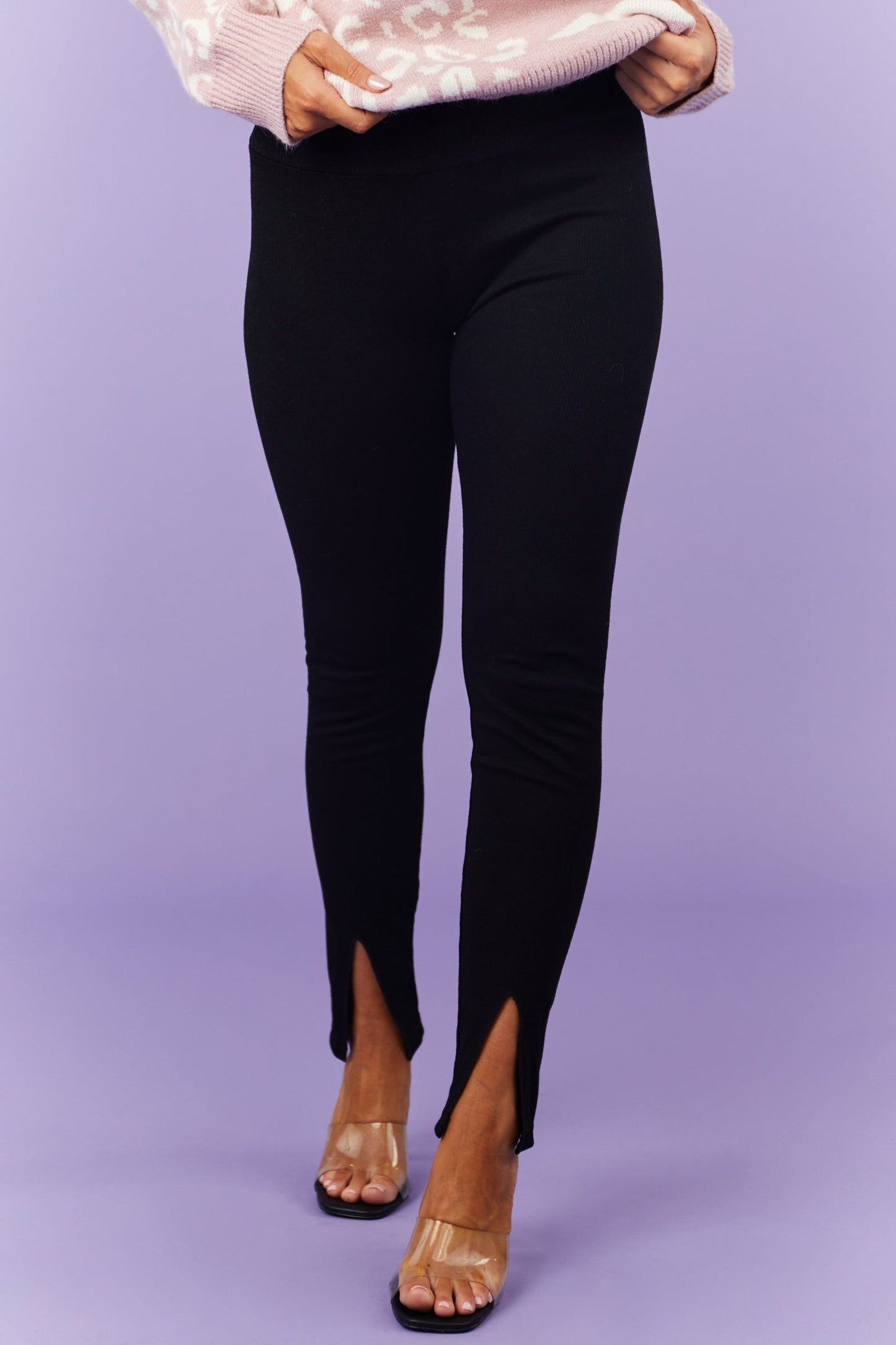 Black Knit High Waist Slit Leggings