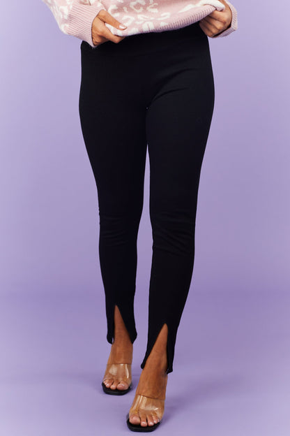 Black Knit High Waist Slit Leggings