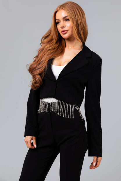 Black Rhinestone Fringe Blazer