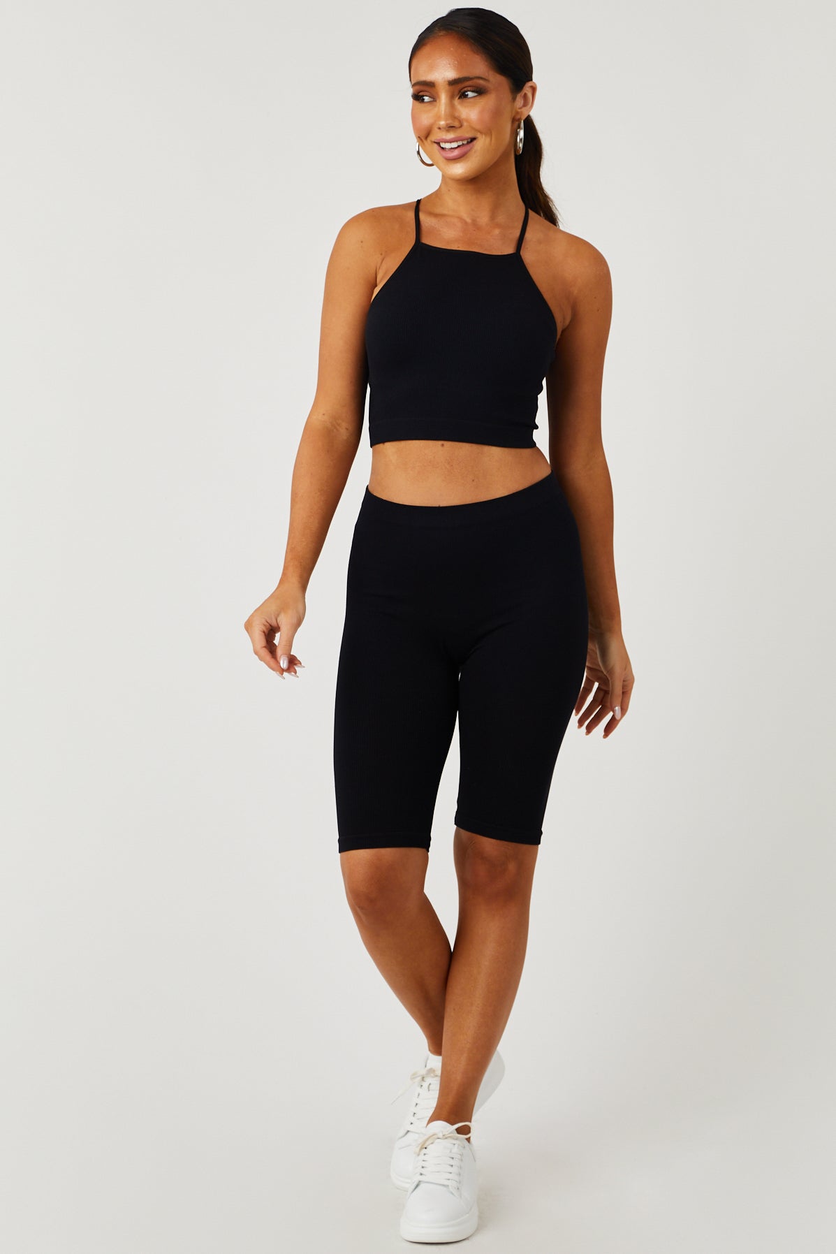 Black Halter Crop Top and Biker Shorts Set