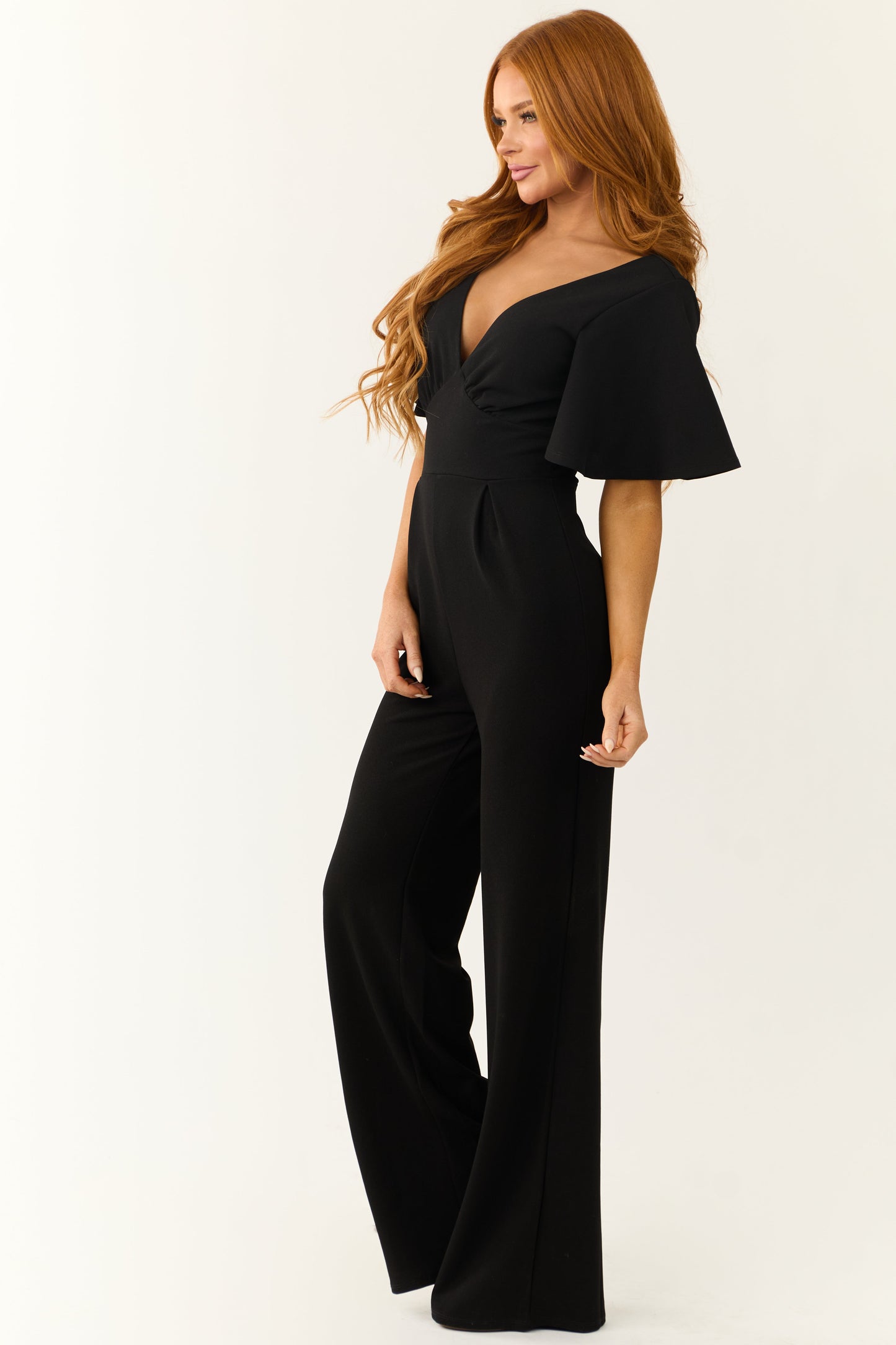 Black Short Sleeve Jumpsuit with Deep V Neck
